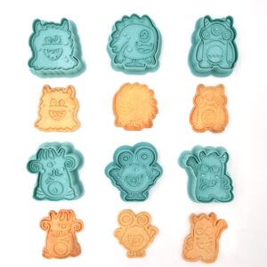 Gobaker 3D Cute Monster Cookie Cutters, Planet Outer Space Fondant Stamper Set, Biscuit Cake Baking Mold for Party Supplies,6pcs