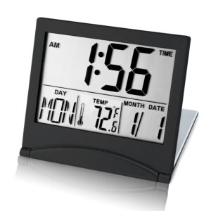 kanbit small digital travel alarm clock battery operated, portable large number display alarm clock with date & temperature,12/24 h small desk clock-black(no light)