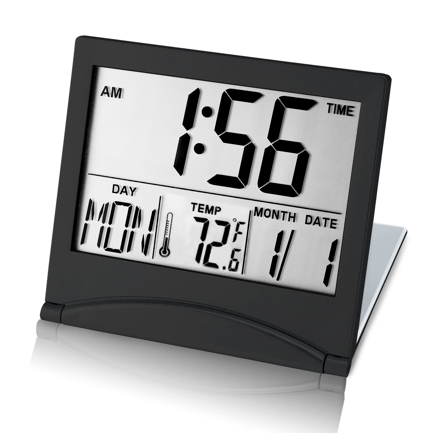 KANBIT Small Digital Travel Alarm Clock Battery Operated, Portable Large Number Display Alarm Clock with Date & Temperature,12/24 H Small Desk Clock-Black(No Light)