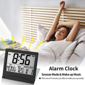 KANBIT Small Digital Travel Alarm Clock Battery Operated, Portable Large Number Display Alarm Clock with Date & Temperature,12/24 H Small Desk Clock-Black(No Light)