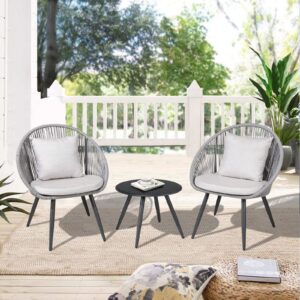 cobana 3 piece patio bistro set, outdoor woven rope conversation balcony furniture set with glass top table and cushioned chairs for garden, backyard, deck, poolside, gray