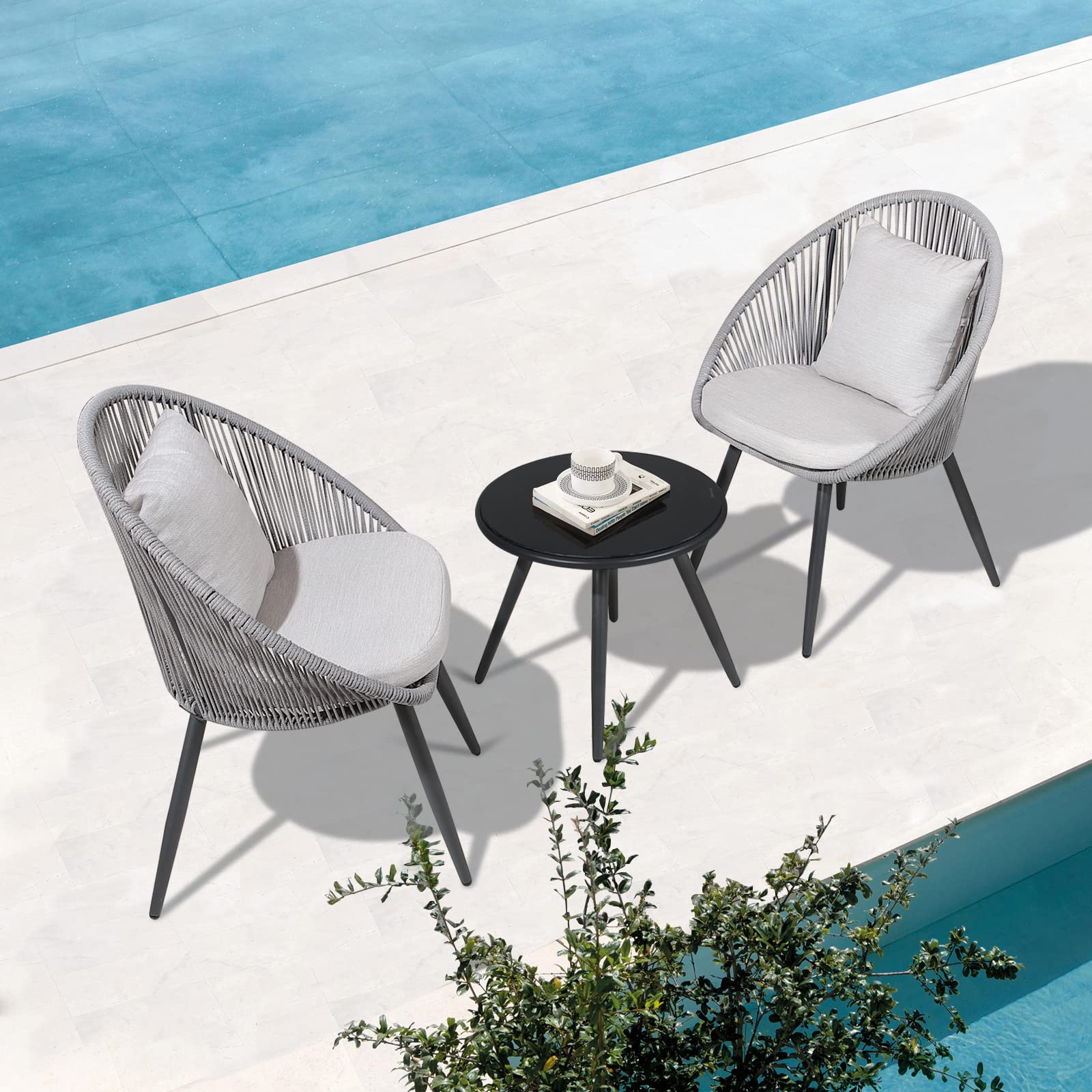 COBANA 3 Piece Patio Bistro Set, Outdoor Woven Rope Conversation Balcony Furniture Set with Glass Top Table and Cushioned Chairs for Garden, Backyard, Deck, Poolside, Gray