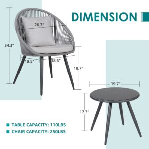 COBANA 3 Piece Patio Bistro Set, Outdoor Woven Rope Conversation Balcony Furniture Set with Glass Top Table and Cushioned Chairs for Garden, Backyard, Deck, Poolside, Gray