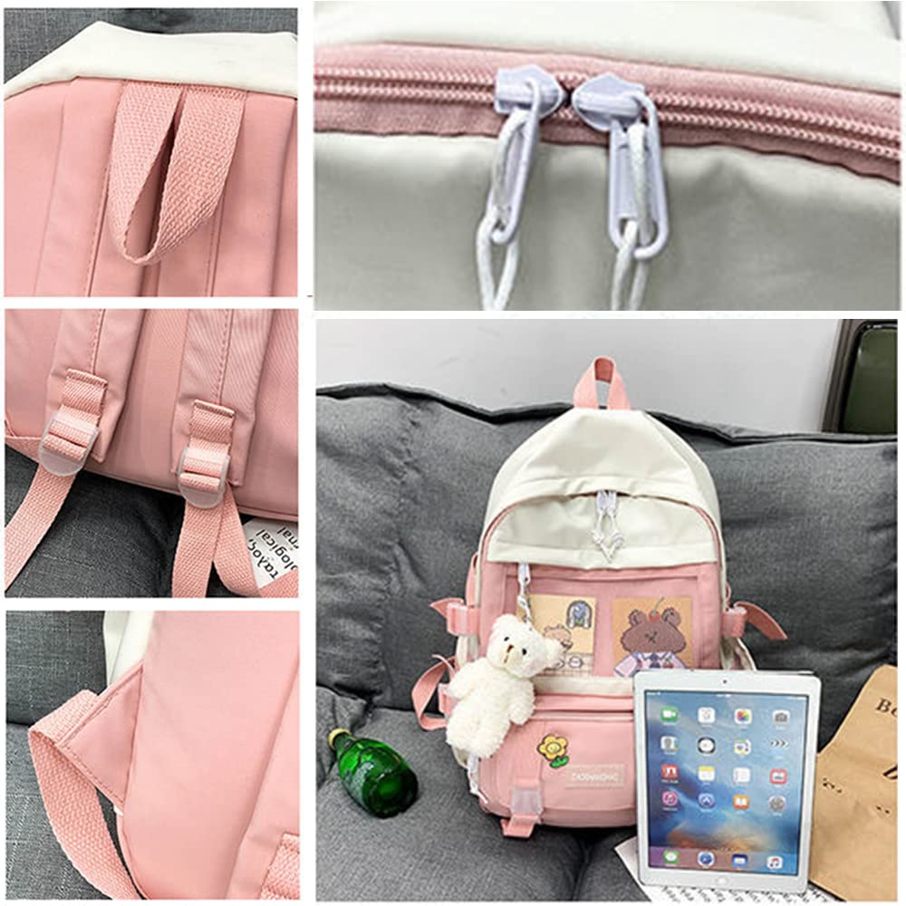 KOWVOWZ Kawaii Backpack with Pins Cute Aesthetic Plush Pendant for Girl Back to School Bag (Pink)