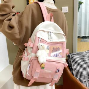 KOWVOWZ Kawaii Backpack with Pins Cute Aesthetic Plush Pendant for Girl Back to School Bag (Pink)