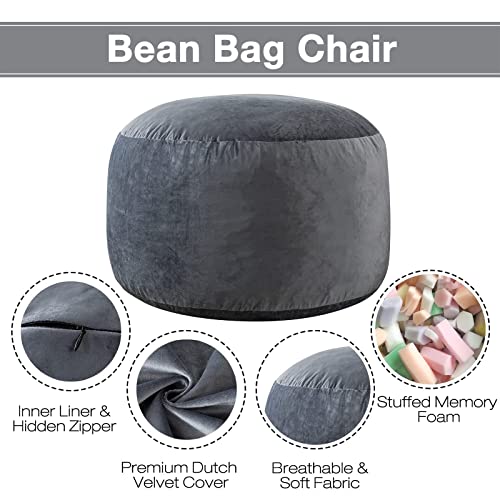 Large Bean Bag Chair for Adults/Kids with Filling, 3 ft Memory Foam Bean Bag Chairs with Filler Included, Ultra Soft Dutch Velvet Fabric, Bean Bag for Living Room - 3 Foot,Dark Gray