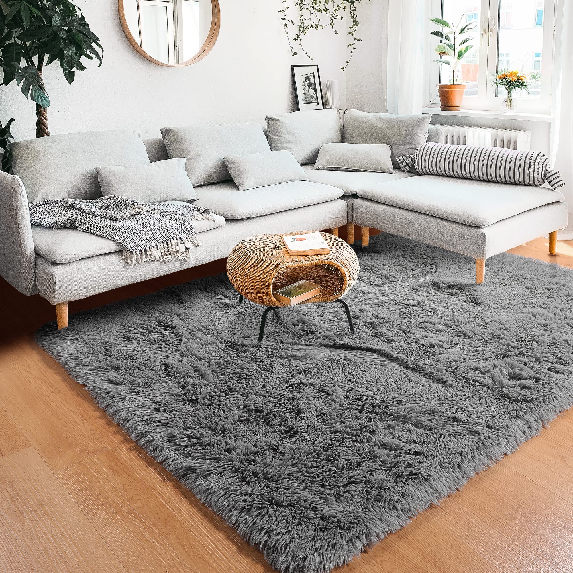 RUGTUDER Grey Soft Area Rug for Bedroom,8x10,Big Fluffy Furry Shaggy Fuzzy Rug,Shag Carpet for Living Room ,Baby Room, Girls Boys Room,Dorm Nursery Room Rug for Kids ,Non-Slip Rug