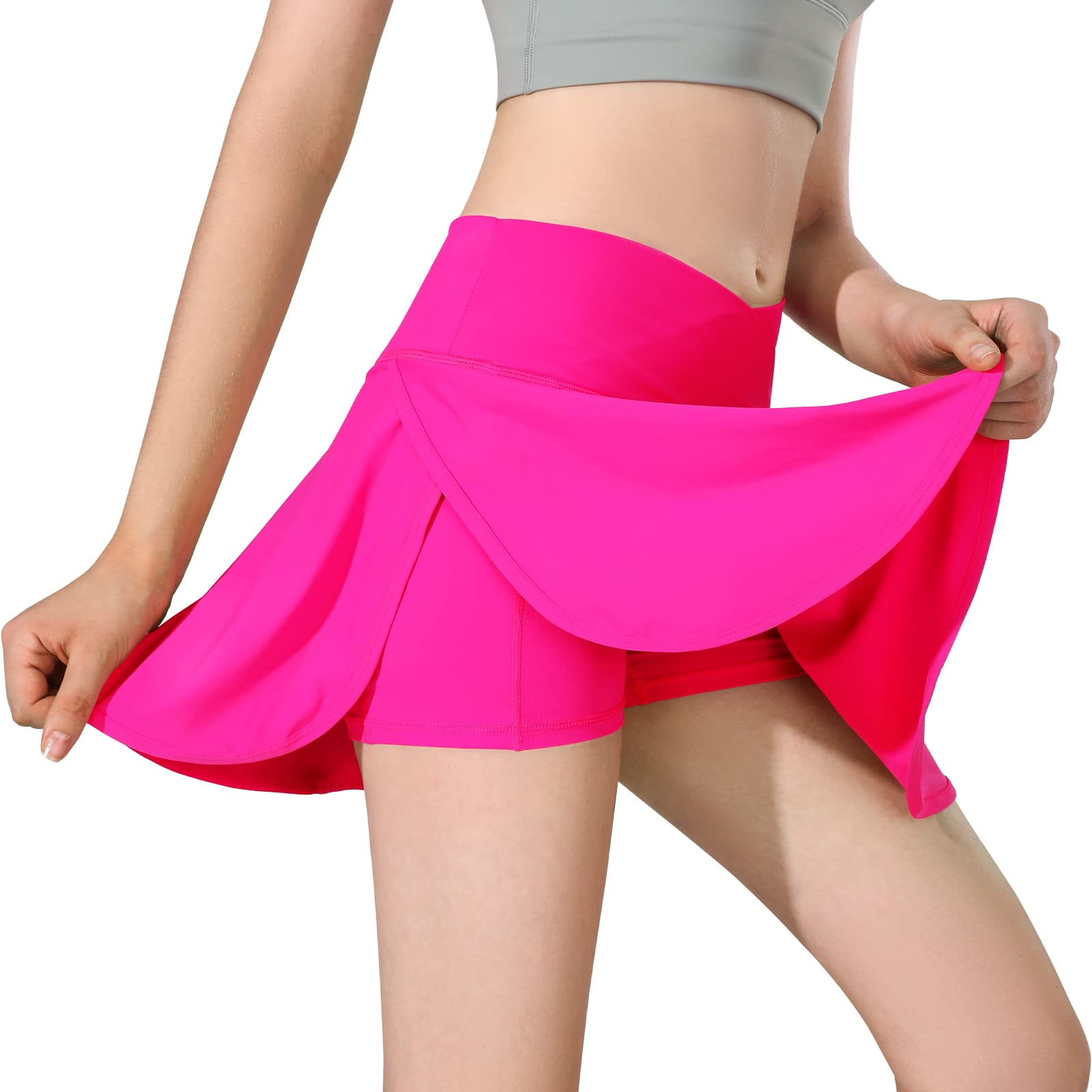 MCEDAR Pleated Crossover Tennis Skirt for Women with Pockets V High Waisted Crossbody Flowy Skirt Athletic Golf Skort 041jxy-Hot Pink/Cm