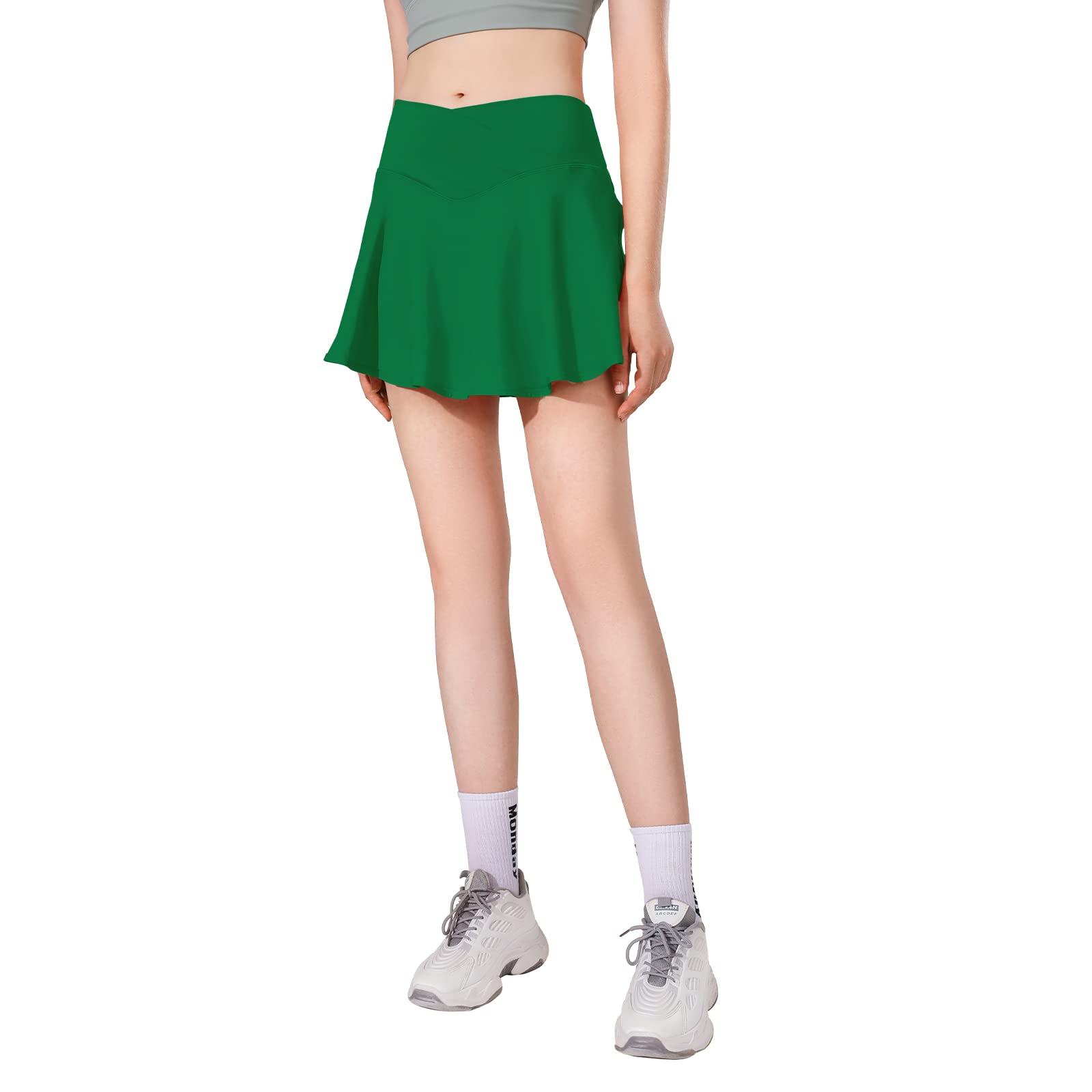 MCEDAR Pleated Crossover Tennis Skirt for Women with Pockets V High Waisted Crossbody Flowy Skirt Athletic Golf Skort 041jxy-Kelly Green/Cm