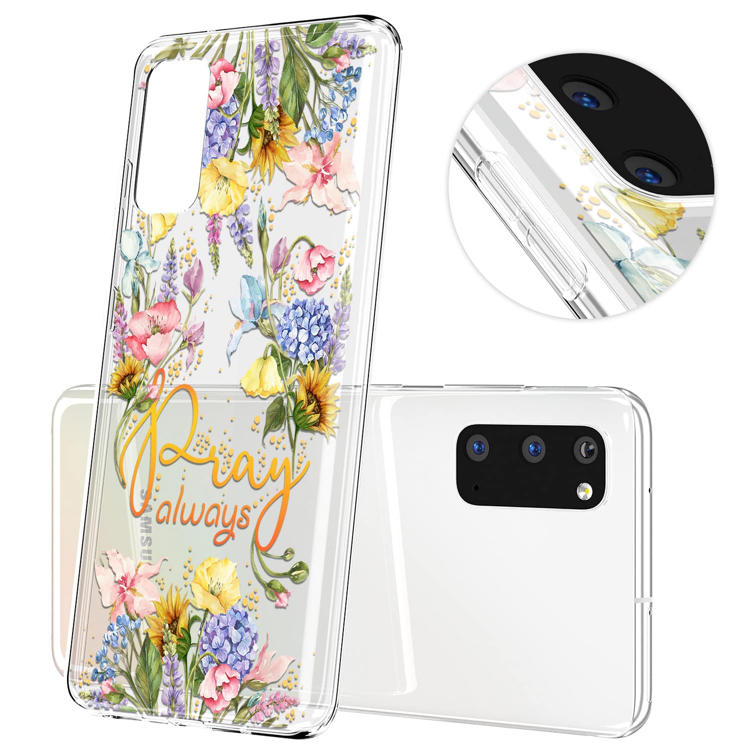 Cavka Phone Case Compatible with Samsung Galaxy A73 A72 5G A71 A54 A52 A42 A34 A32 A14 A11 Inspirational Bible Verse Christian Wild Flowers Pray always Bumper Lightweight Clear Protective TPU Cover