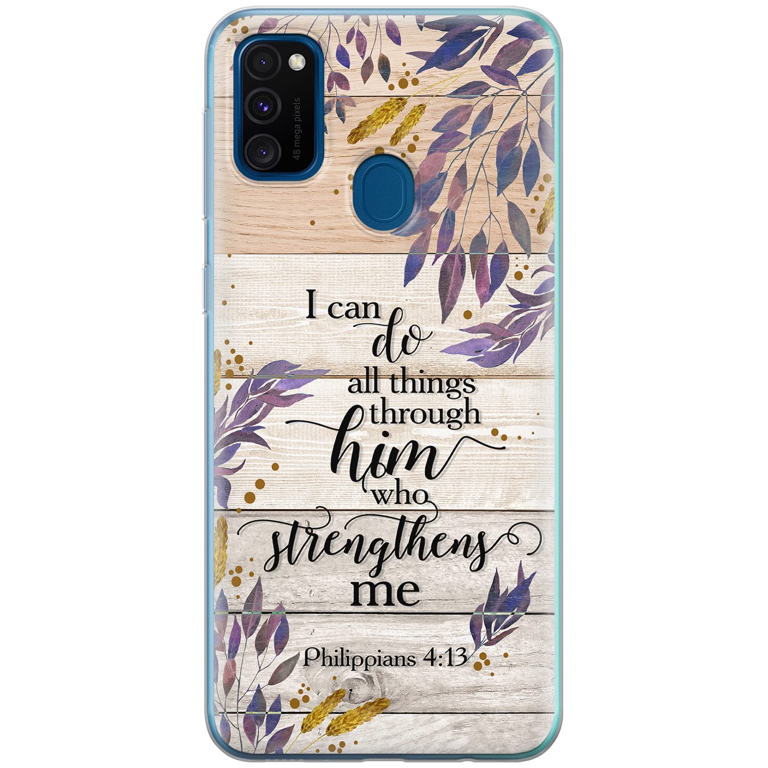 Cavka Phone Case Compatible with Samsung Galaxy A73 A72 5G A71 A54 A52 A42 A34 A32 A14 A11 Wooden Bumper Cell Clear Bible Verse Shockproof Psalm I can do all things through him Philippians 4:13"