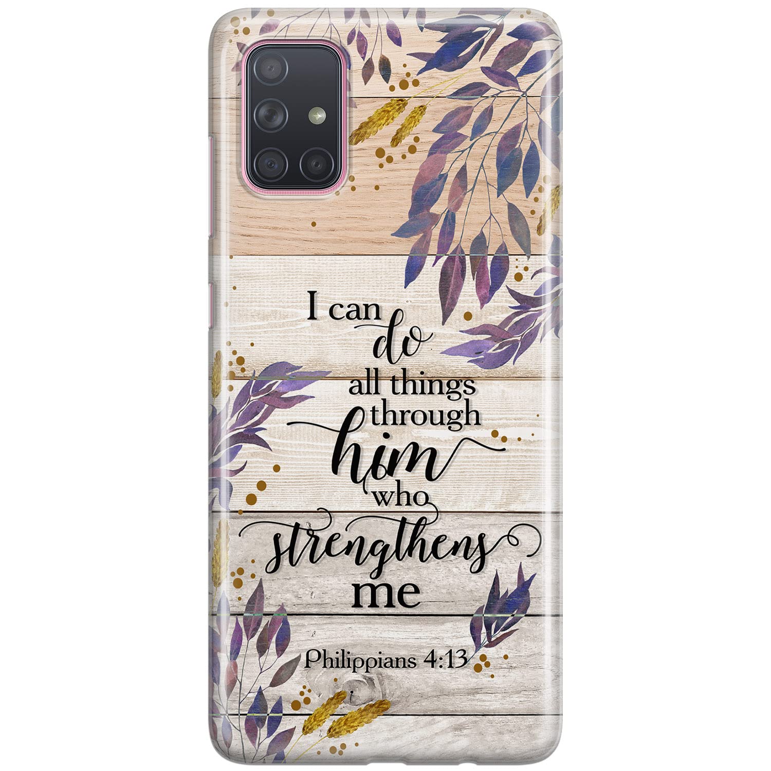 Cavka Phone Case Compatible with Samsung Galaxy A73 A72 5G A71 A54 A52 A42 A34 A32 A14 A11 Wooden Bumper Cell Clear Bible Verse Shockproof Psalm I can do all things through him Philippians 4:13"