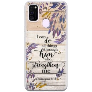 Cavka Phone Case Compatible with Samsung Galaxy A73 A72 5G A71 A54 A52 A42 A34 A32 A14 A11 Wooden Bumper Cell Clear Bible Verse Shockproof Psalm I can do all things through him Philippians 4:13"