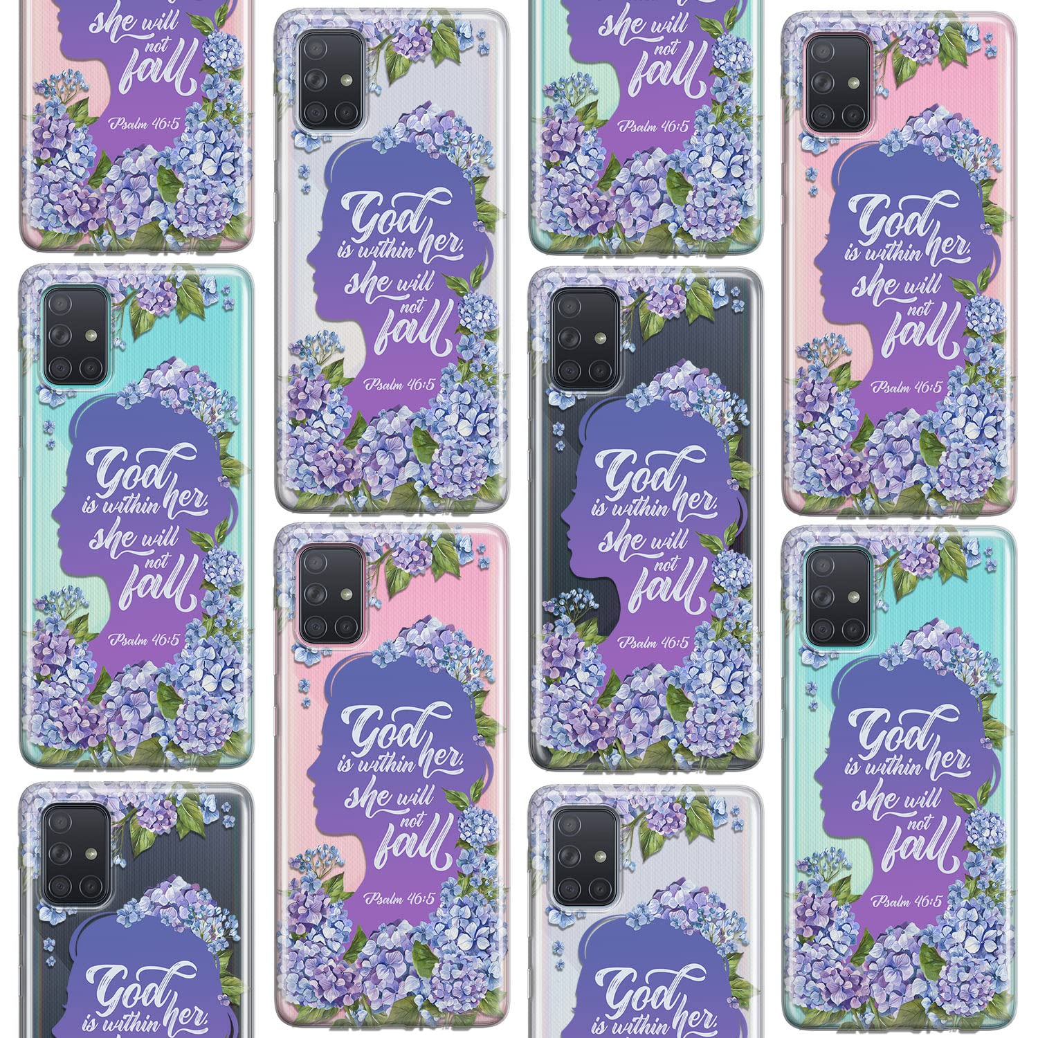 Cavka Phone Case Compatible with Samsung Galaxy A73 A72 5G A71 A54 A52 A42 A34 A32 A14 A11 Print Hydrangea Flowers. Quote Flexible Bible Verse Slim God is within her she will not fall Psalm 46:5