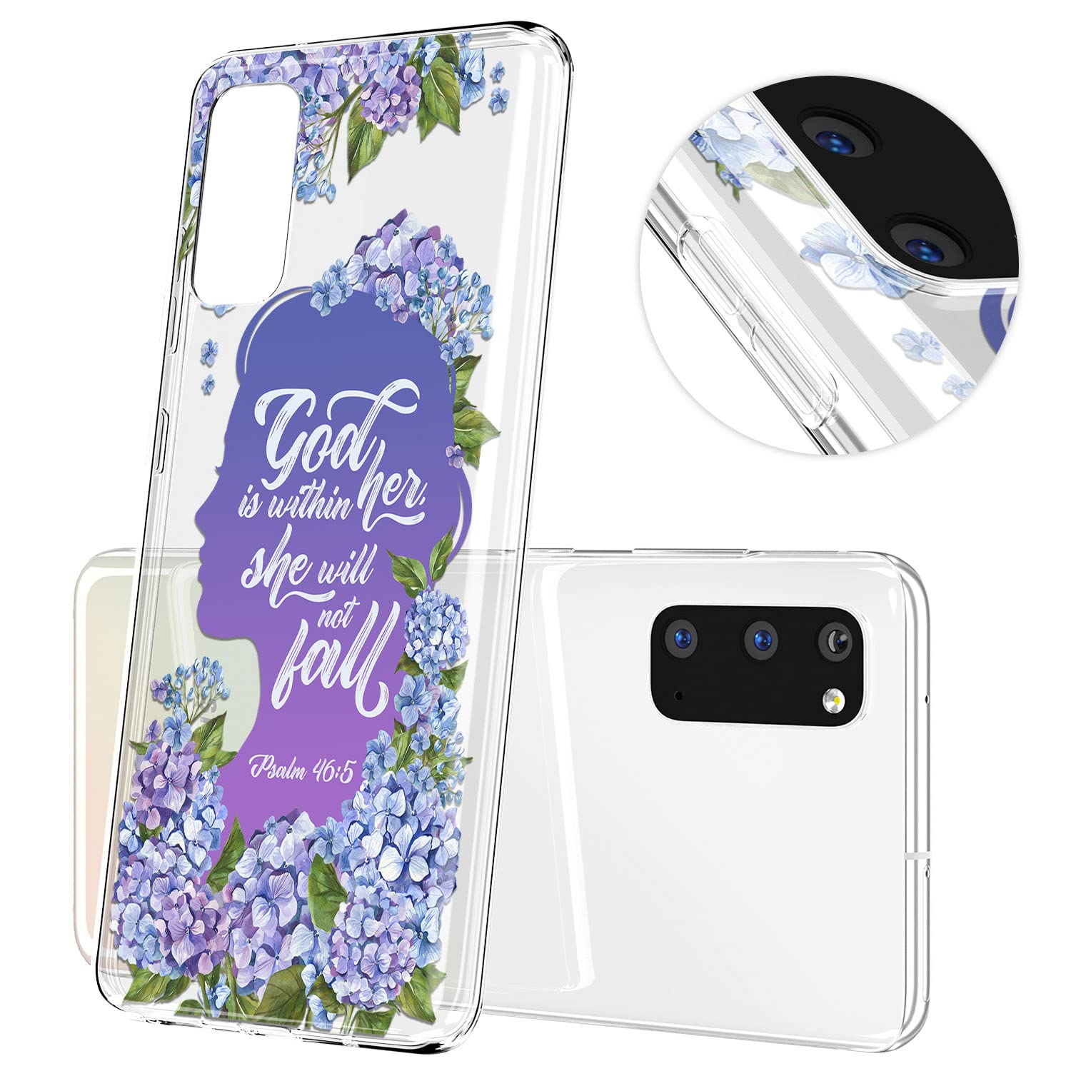 Cavka Phone Case Compatible with Samsung Galaxy A73 A72 5G A71 A54 A52 A42 A34 A32 A14 A11 Print Hydrangea Flowers. Quote Flexible Bible Verse Slim God is within her she will not fall Psalm 46:5