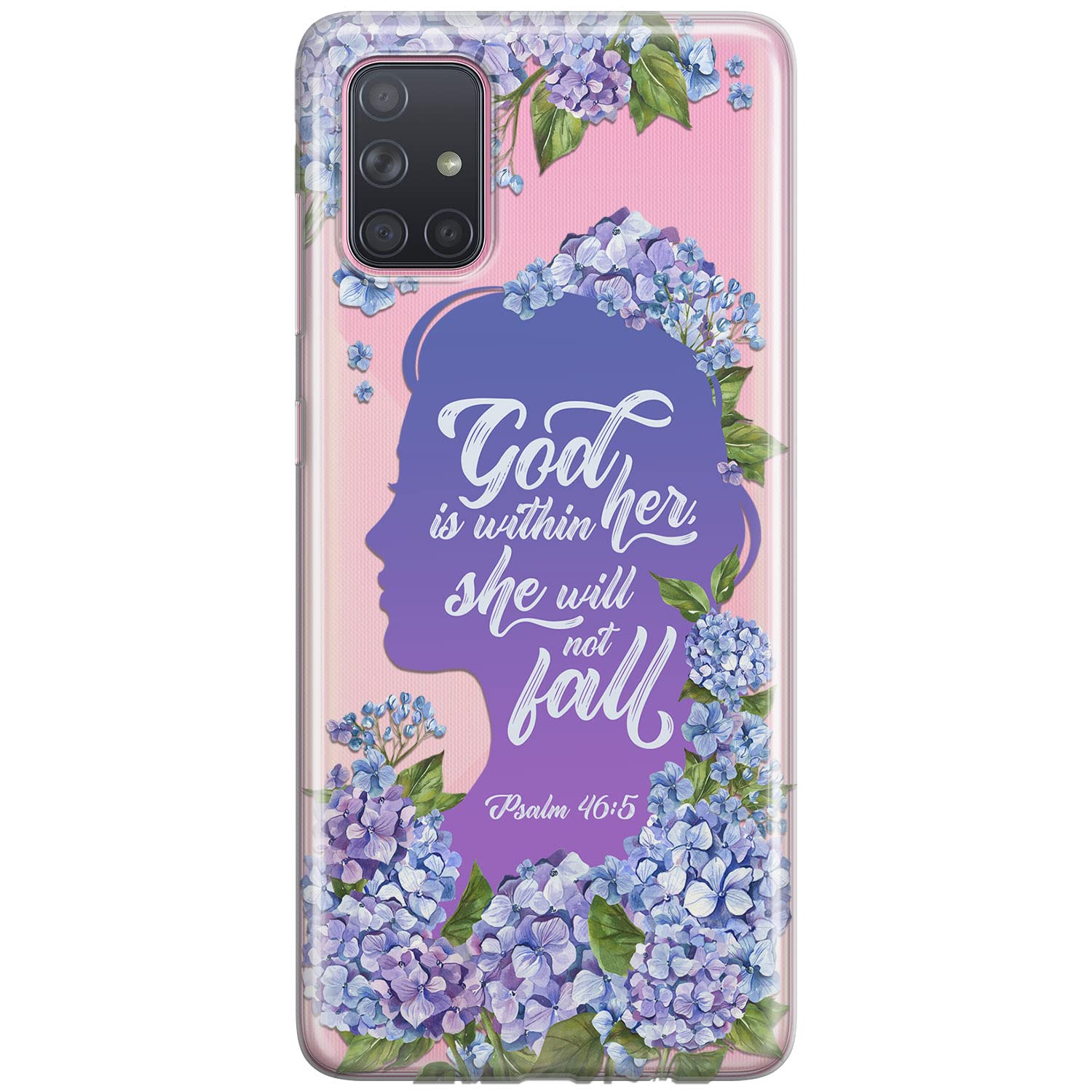 Cavka Phone Case Compatible with Samsung Galaxy A73 A72 5G A71 A54 A52 A42 A34 A32 A14 A11 Print Hydrangea Flowers. Quote Flexible Bible Verse Slim God is within her she will not fall Psalm 46:5