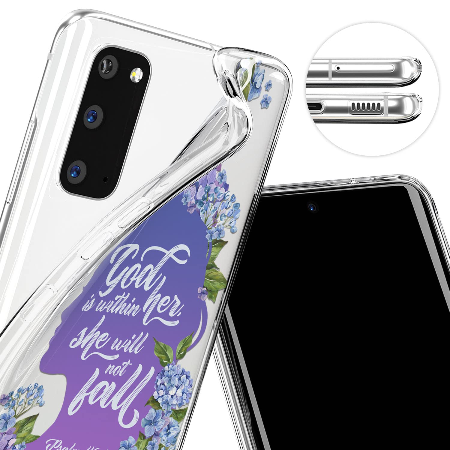 Cavka Phone Case Compatible with Samsung Galaxy A73 A72 5G A71 A54 A52 A42 A34 A32 A14 A11 Print Hydrangea Flowers. Quote Flexible Bible Verse Slim God is within her she will not fall Psalm 46:5