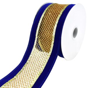 mesh velvet wired edge christmas ribbon, 2-1/2-inch, 10-yard - royal blue/gold