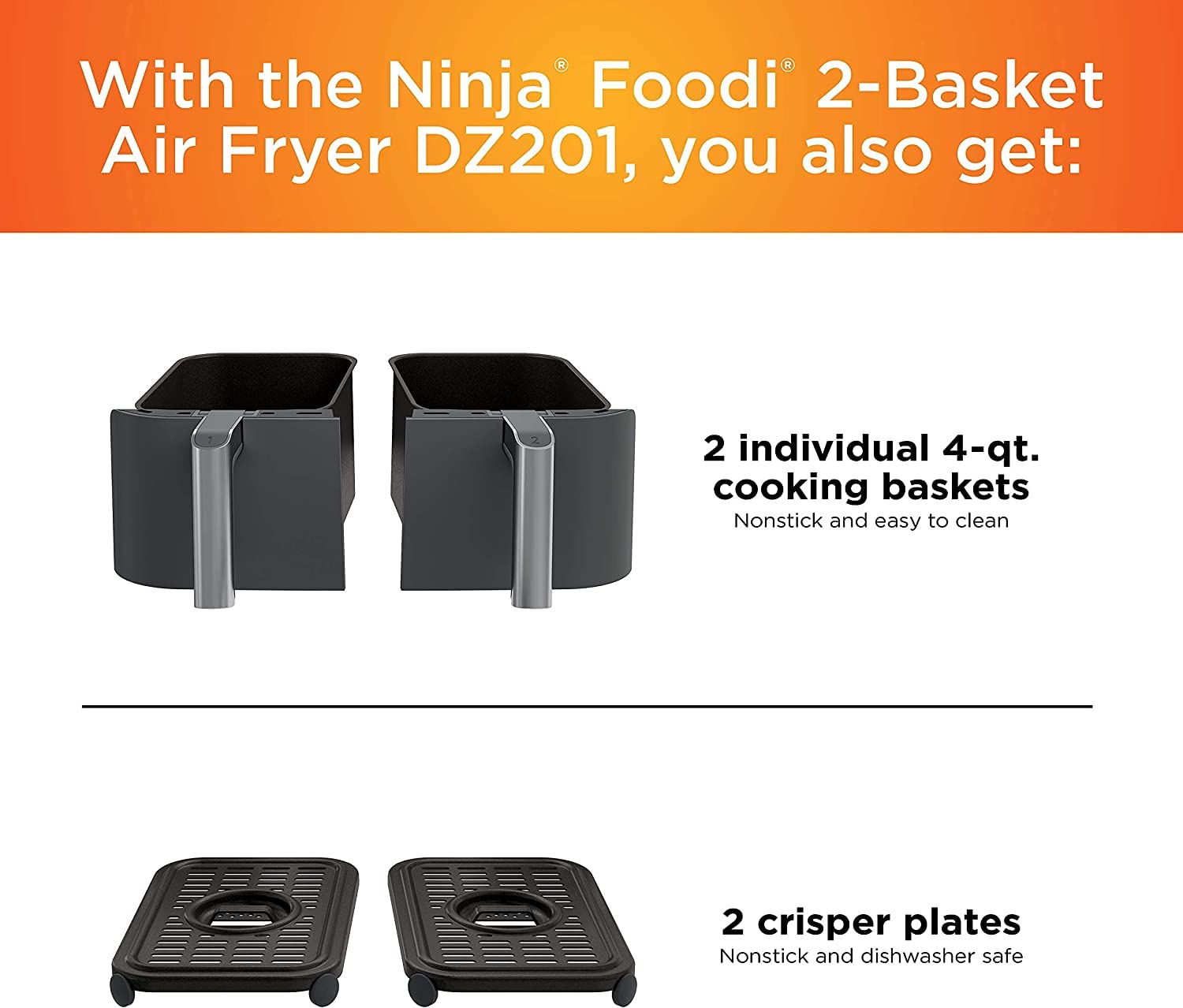 Ninja DZ201 Foodi 6-in-1 2-Basket Air Fryer with DualZone Technology, 8-Quart Capacity -Dark Grey Stainless- (Renewed)