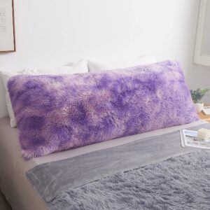 mego tie dye print fluffy body pillow cover, 20x54 shaggy faux fur body pillow case, light purple plush fuzzy body pillowcase, decorative furry long bed pillow with zipper hug pillow tie dye lavender