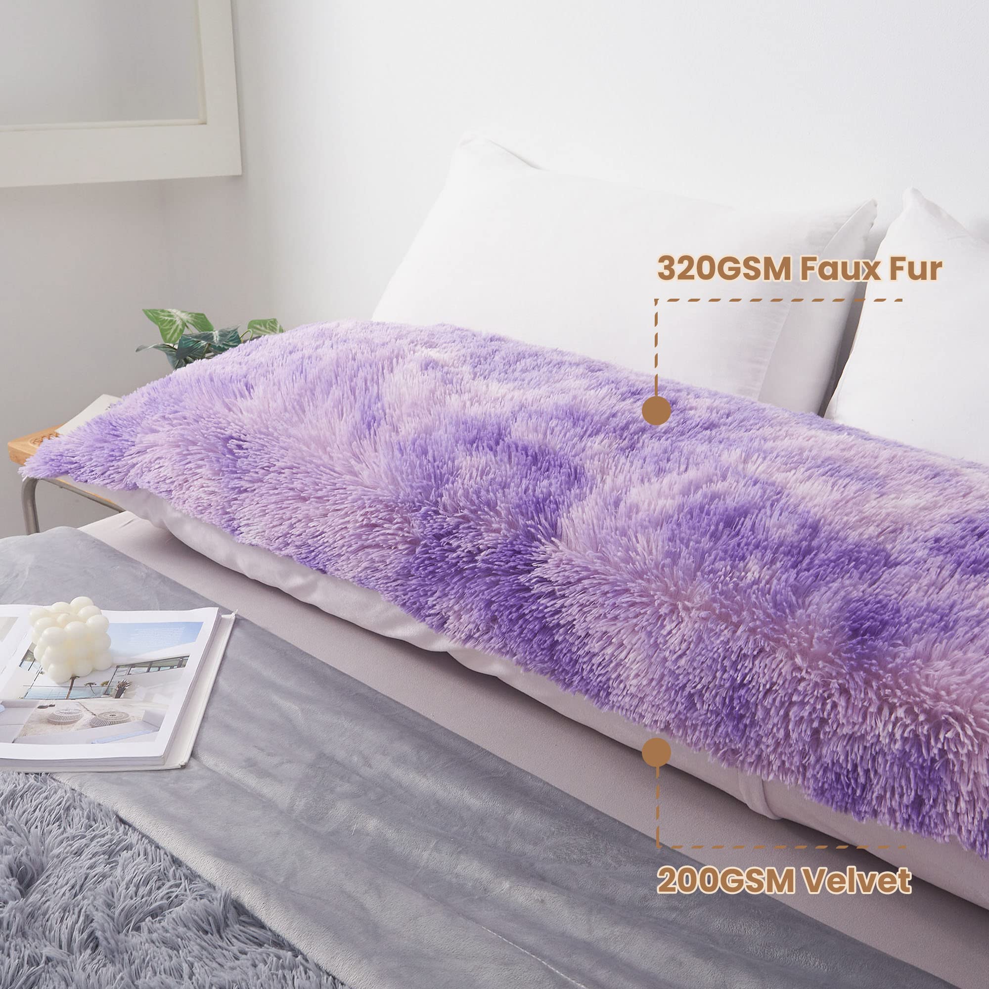 MEGO Tie Dye Print Fluffy Body Pillow Cover, 20x54 Shaggy Faux Fur Body Pillow Case, Light Purple Plush Fuzzy Body Pillowcase, Decorative Furry Long Bed Pillow with Zipper Hug Pillow Tie Dye Lavender