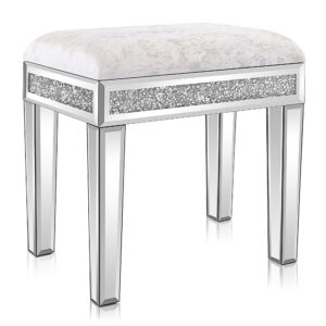 VINGLI Mirrored Vanity Stool with Storage, Upholstered Velvet Ottoman, Makeup Dressing Table Bench with Sparking Diamonds, Silver