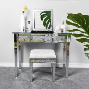 VINGLI Mirrored Vanity Stool with Storage, Upholstered Velvet Ottoman, Makeup Dressing Table Bench with Sparking Diamonds, Silver