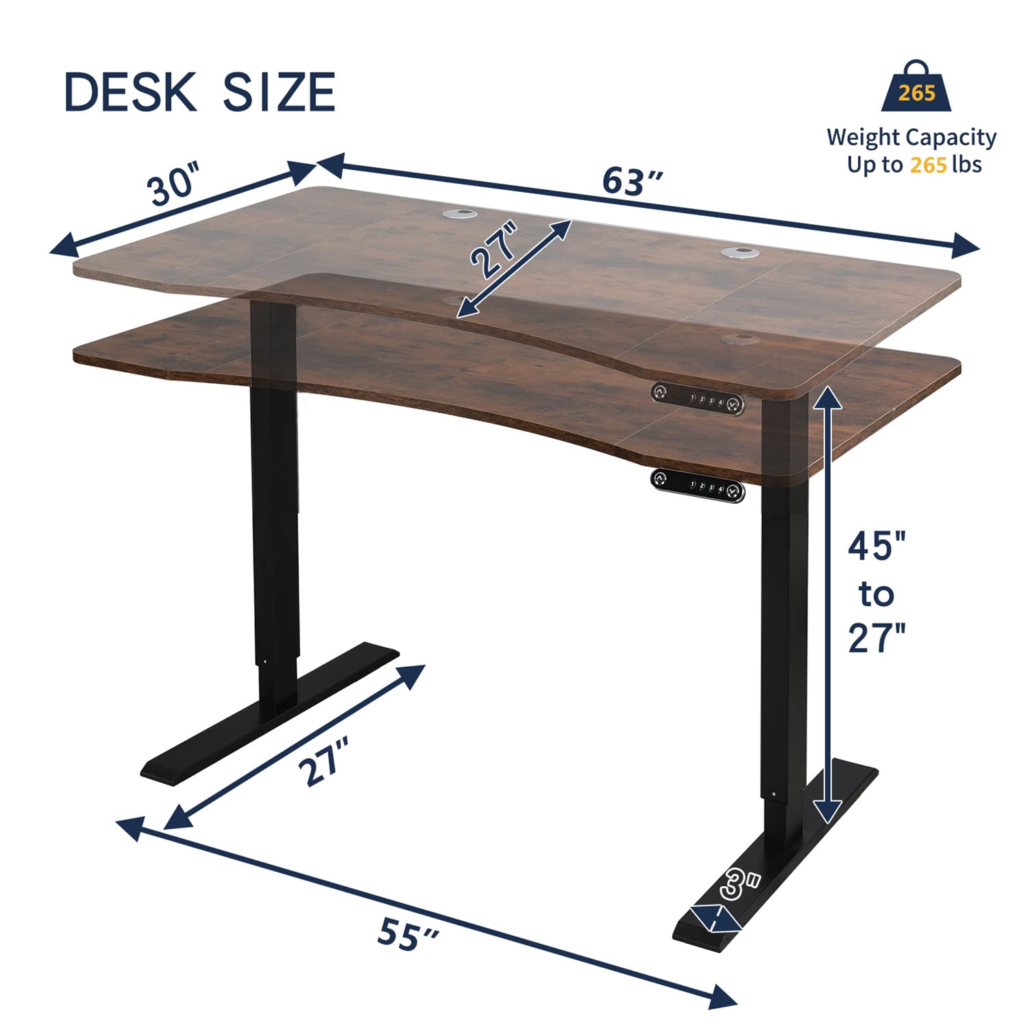 Dual Motor Electric Standing Desk, 63 x 30 Inches Height Adjustable Table with Splice Board, Ergonomic Sit Stand Computer Desk with Black Frame/Rustic Brown Top