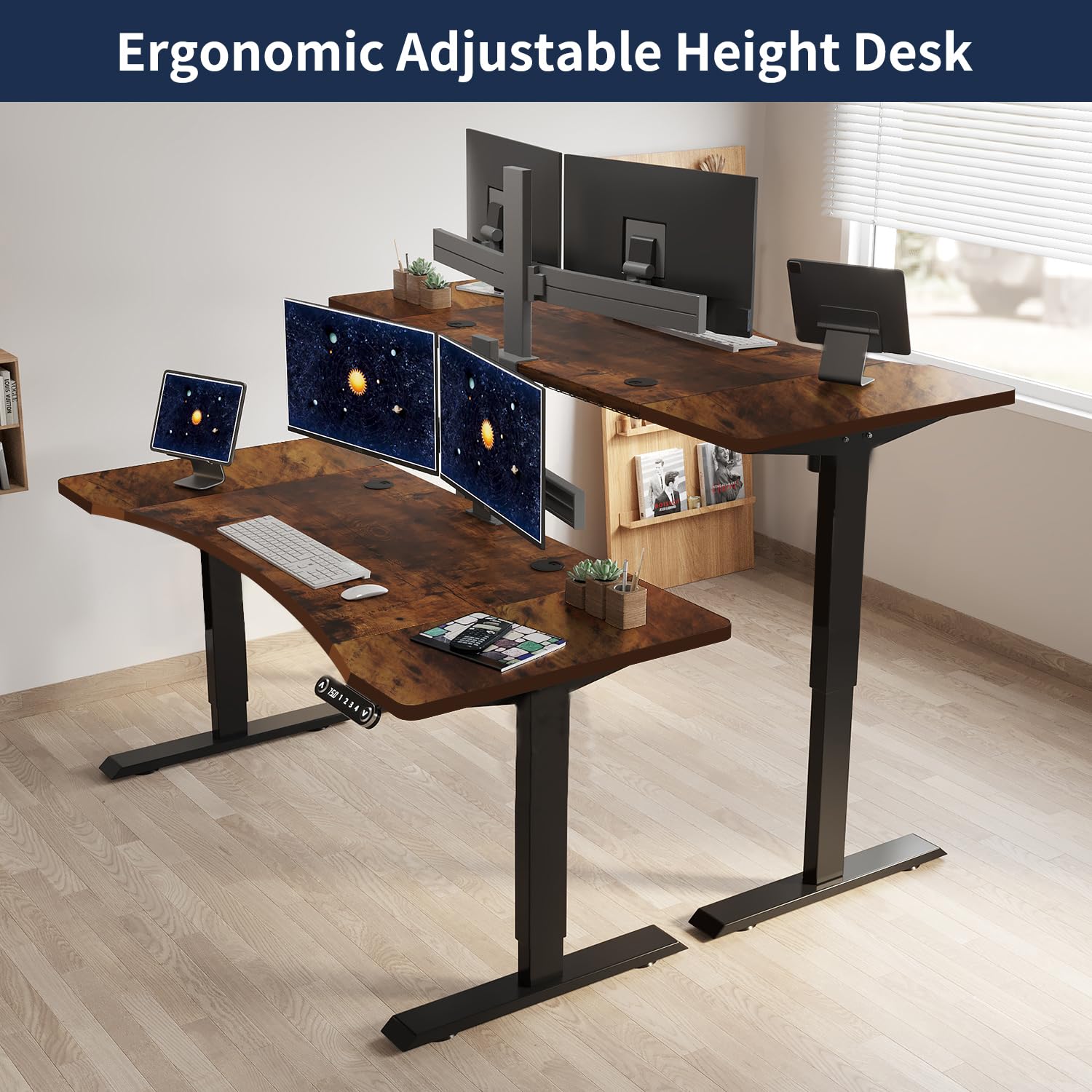 Dual Motor Electric Standing Desk, 63 x 30 Inches Height Adjustable Table with Splice Board, Ergonomic Sit Stand Computer Desk with Black Frame/Rustic Brown Top