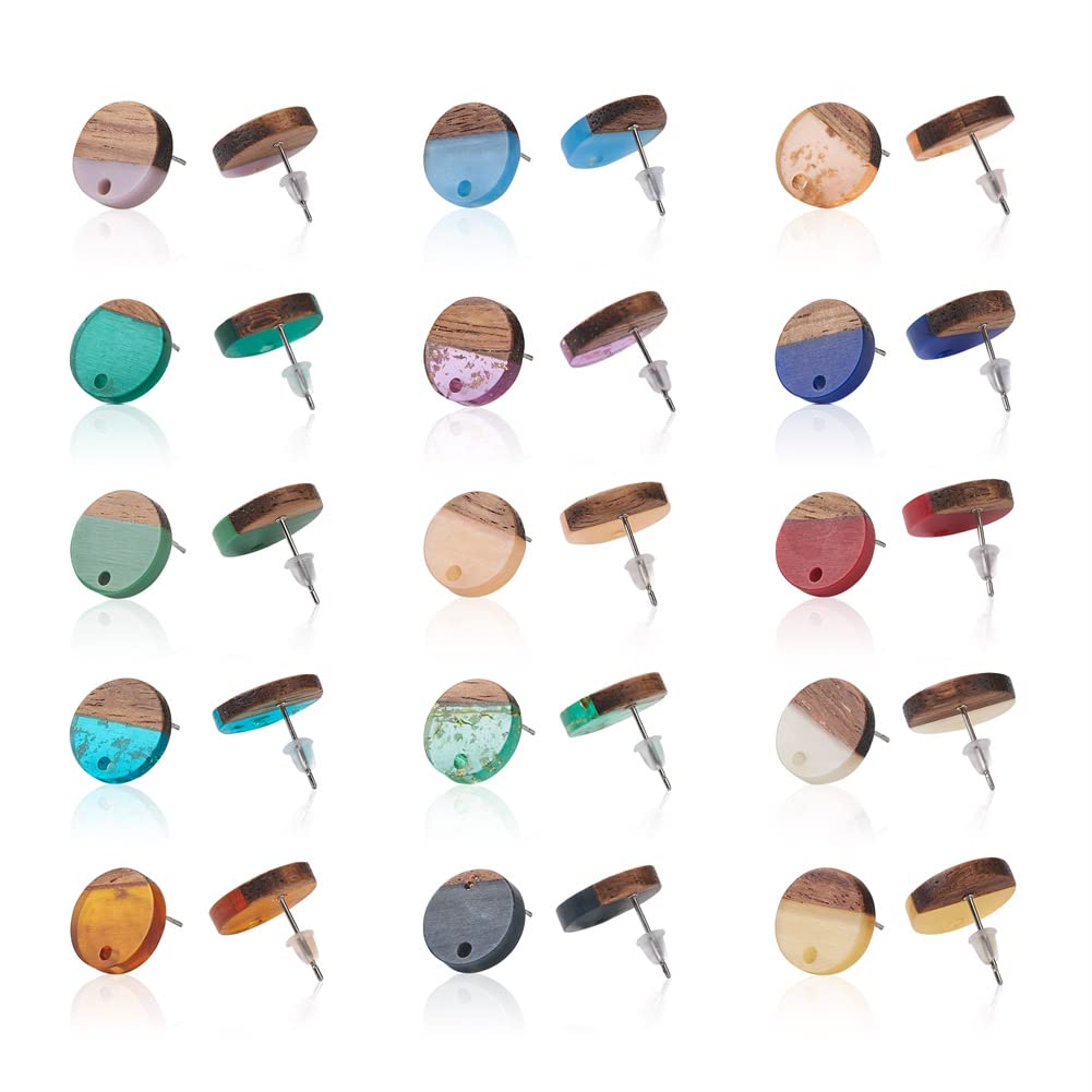 FASHEWELRY 15 Pairs Resin Wood Earrings Posts Flat Round Wooden Earring Blanks Stud Wooden Earring Pin Studs with Earring Back for Dangle Earring Jewelry Making