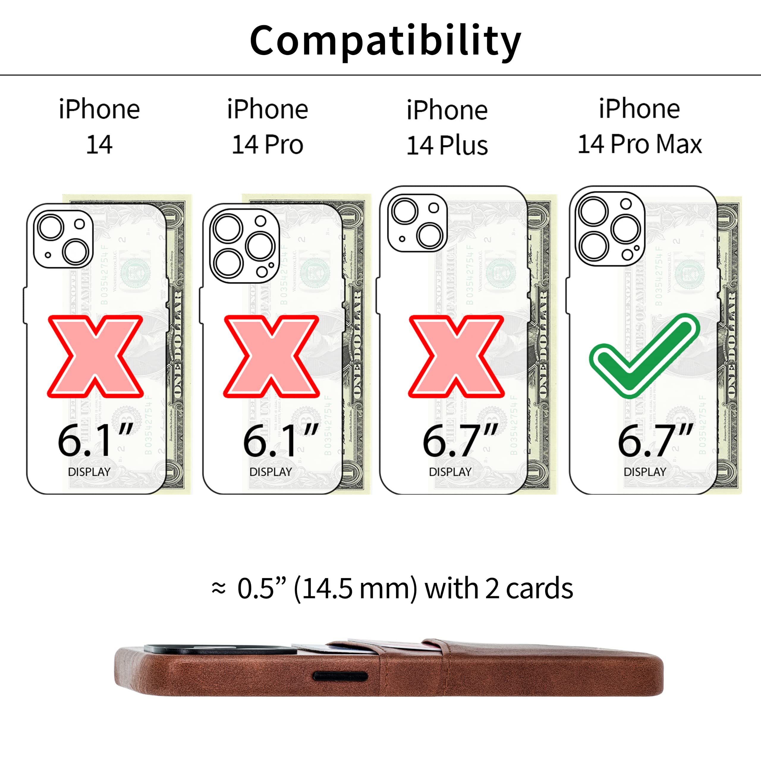 Dockem Card Case for iPhone 14 Pro Max with Built-in Metal Plate for Magnetic Mounting & 2 Pockets: Exec M2 Premium Synthetic Leather Wallet Case (iPhone 14 Pro Max, Brown)