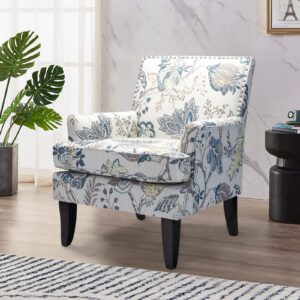 hulala home modern accent chair with arms and wooden legs, mid century accent chair armchair high back rest, padded armrest and comfortable cushioned seat for living room (blue yellow floral)