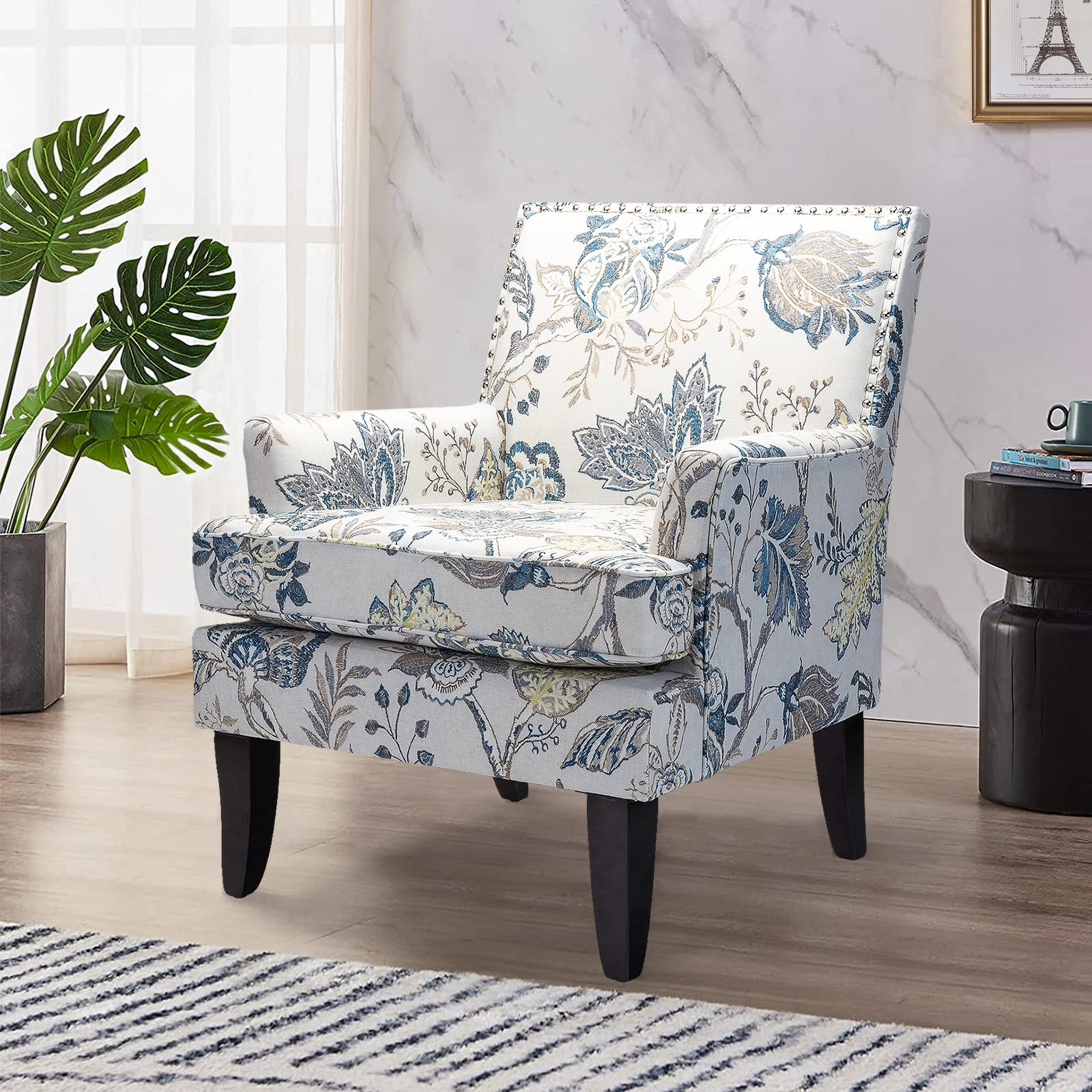 HULALA HOME Modern Accent Chair with Arms and Wooden Legs, Mid Century Accent Chair Armchair High Back Rest, Padded Armrest and Comfortable Cushioned Seat for Living Room (Blue Yellow Floral)