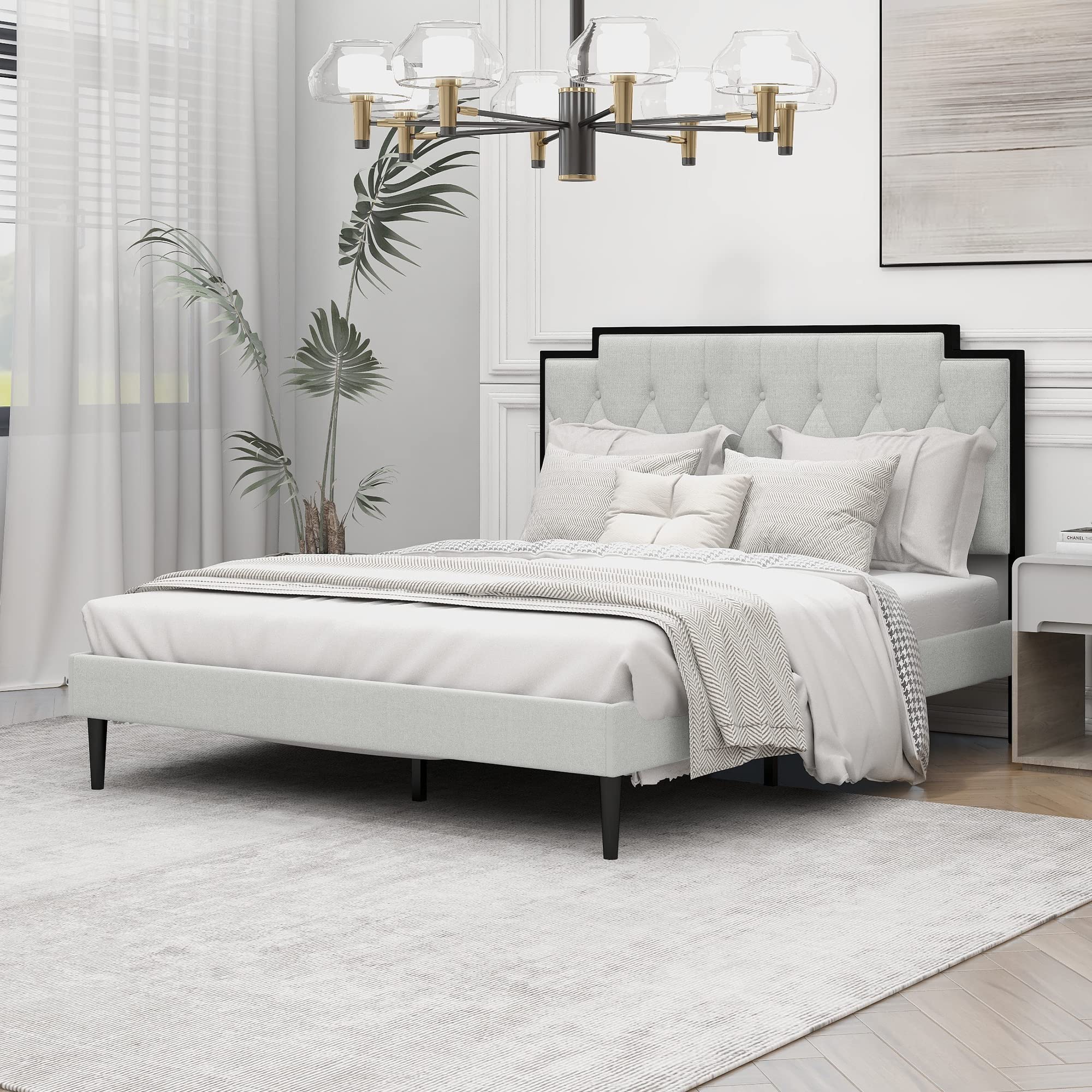 AGARTT Upholstered Platform Queen Size Bed Frame with Headboard Premium Stable Wood Slat Support No Box Spring Required Light Grey