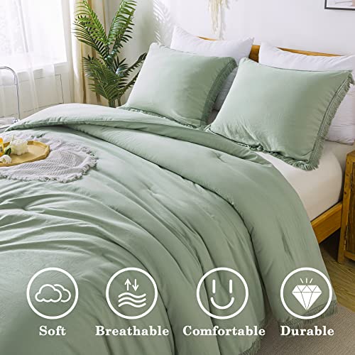 Andency Comforter King Size Bed Set Sage Green, 3 Pieces Boho Lightweight Winter Bedding Comforters & Sets, All Season Soft Tassel Bed Set (104x90In Comforter & 2 Pillowcases)