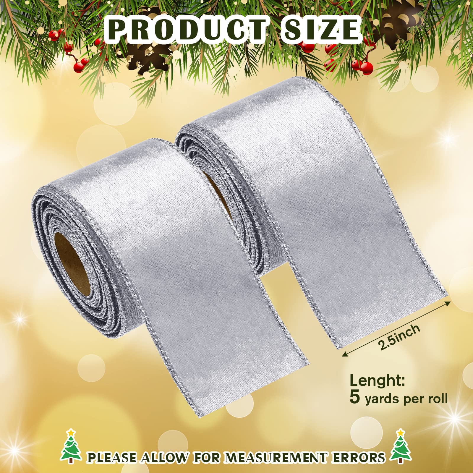 2 Rolls 2.5 Inch 10 Yards Christmas Velvet Ribbon Single Face Christmas Plain Velvet Ribbon for Gift Wrapping Crafts Christmas Wreath Tree Decor (Silver)