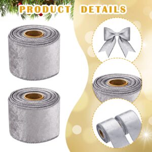 2 Rolls 2.5 Inch 10 Yards Christmas Velvet Ribbon Single Face Christmas Plain Velvet Ribbon for Gift Wrapping Crafts Christmas Wreath Tree Decor (Silver)