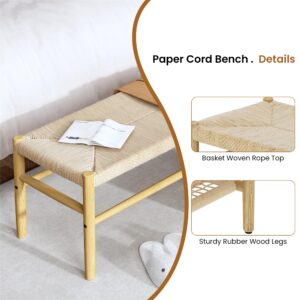 Recaceik Indoor Entryway Bench with Paper Cord Ottoman, Mid-Century Long Bench with Rubber Wood Legs, French Vanity End Bed Bench for Bedroom Living Room Channel