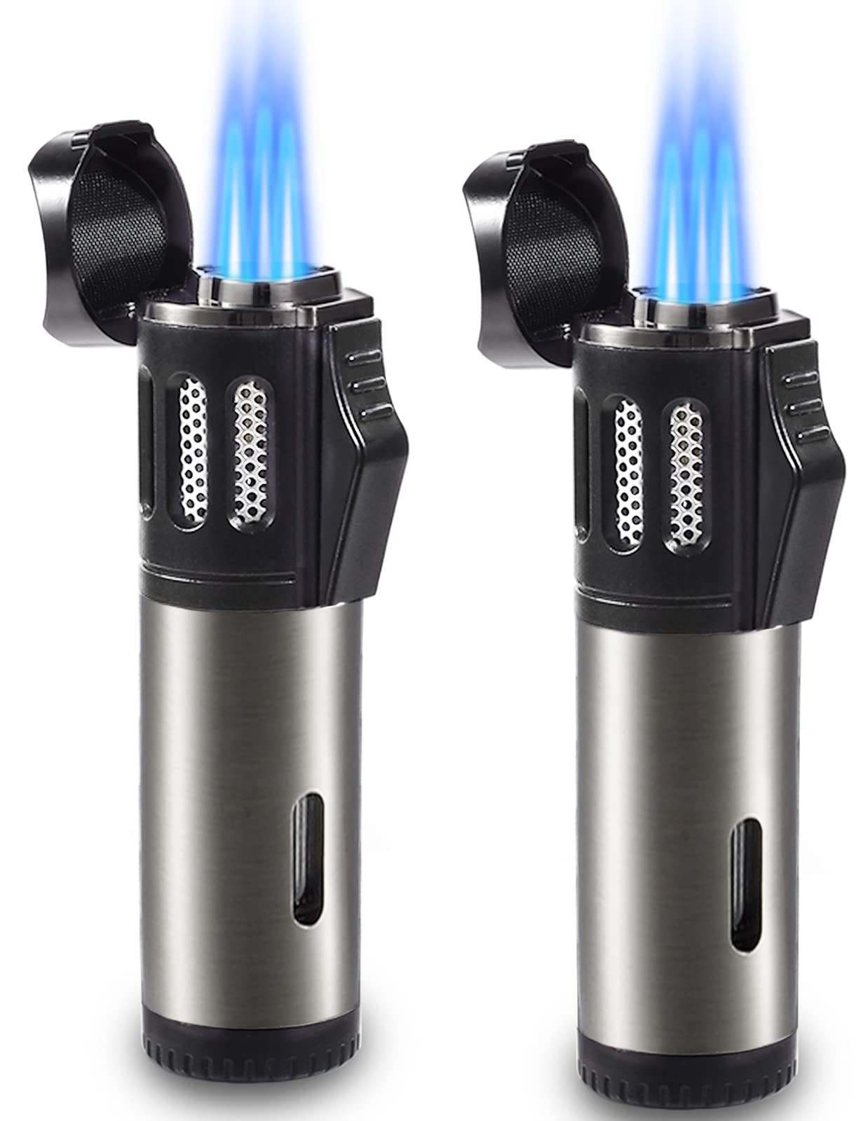 Urgrette 2 Pack Torch Lighter Triple 3 Jet Flame Butane Gas Lighter Refillable Jet Torch Lighters Adjustable Windproof Pocket Lighter for Grill Kitchen Fireplace Camping (Fuel Not Included)