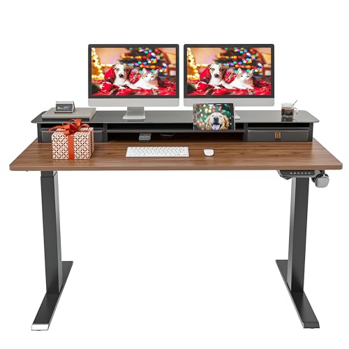 FEZIBO 55 x 24 Inch Height Adjustable Glass Electric Standing Desk with Double Drawer, Stand Up Desk with Storage Shelf, Sit Stand Desk, Black Walnut