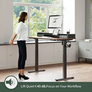 FEZIBO 55 x 24 Inch Height Adjustable Glass Electric Standing Desk with Double Drawer, Stand Up Desk with Storage Shelf, Sit Stand Desk, Black Walnut