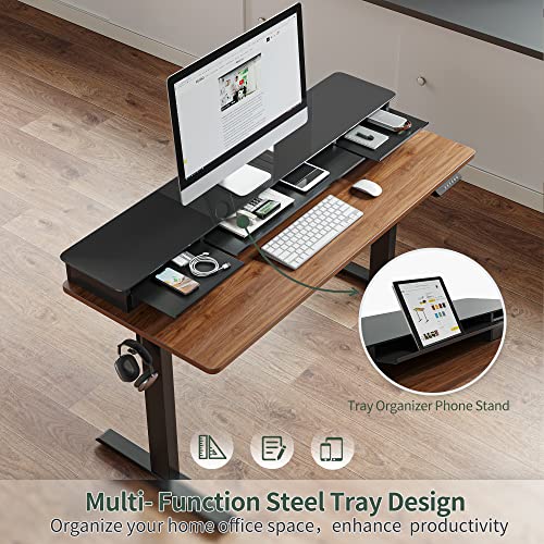 FEZIBO 55 x 24 Inch Height Adjustable Glass Electric Standing Desk with Double Drawer, Stand Up Desk with Storage Shelf, Sit Stand Desk, Black Walnut