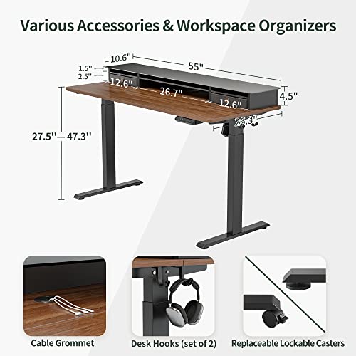 FEZIBO 55 x 24 Inch Height Adjustable Glass Electric Standing Desk with Double Drawer, Stand Up Desk with Storage Shelf, Sit Stand Desk, Black Walnut