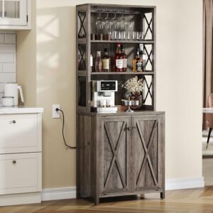 yitahome bar wine cooler, 67" tall kitchen storage cabinet with wine rack, open storage shelves, farmhouse kitchen storage cabinet with wooden doors for living room, living room, grey wash