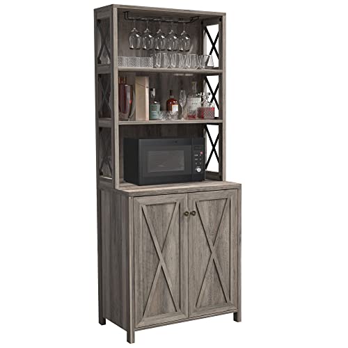 YITAHOME Bar Wine Cooler, 67" Tall Kitchen Storage Cabinet with Wine Rack, Open Storage Shelves, Farmhouse Kitchen Storage Cabinet with Wooden Doors for Living Room, Living Room, Grey Wash