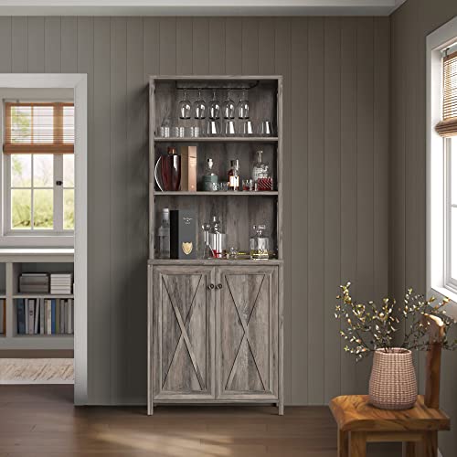 YITAHOME Bar Wine Cooler, 67" Tall Kitchen Storage Cabinet with Wine Rack, Open Storage Shelves, Farmhouse Kitchen Storage Cabinet with Wooden Doors for Living Room, Living Room, Grey Wash