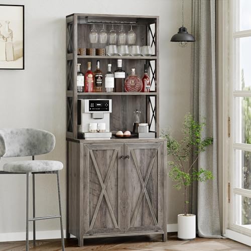 YITAHOME Bar Wine Cooler, 67" Tall Kitchen Storage Cabinet with Wine Rack, Open Storage Shelves, Farmhouse Kitchen Storage Cabinet with Wooden Doors for Living Room, Living Room, Grey Wash