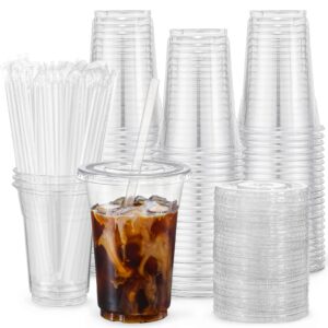 vitever [100 sets - 16oz] plastic cups with lids and straws, disposable cups for iced coffee, smoothie, milkshake, cold drinks - clear