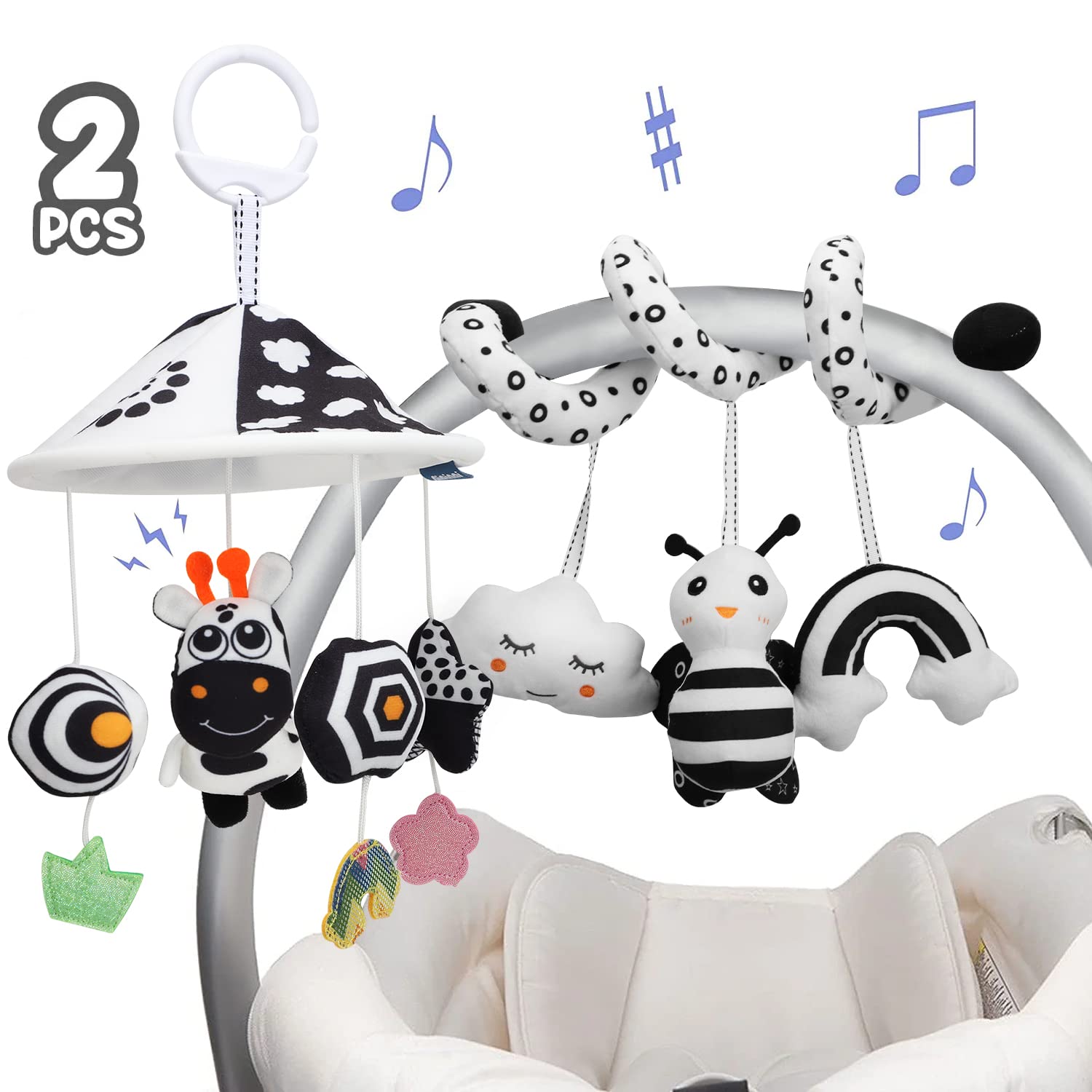 TOY Life 2 Pack Hanging Baby Toys 0-6 Months, Car Seat Spiral Toys for Babies 0-6 Months, Crib Toys Hanging Newborn Toys Black and White Hanging Stroller Activity Toy for Babies, Infant Carseat Toys