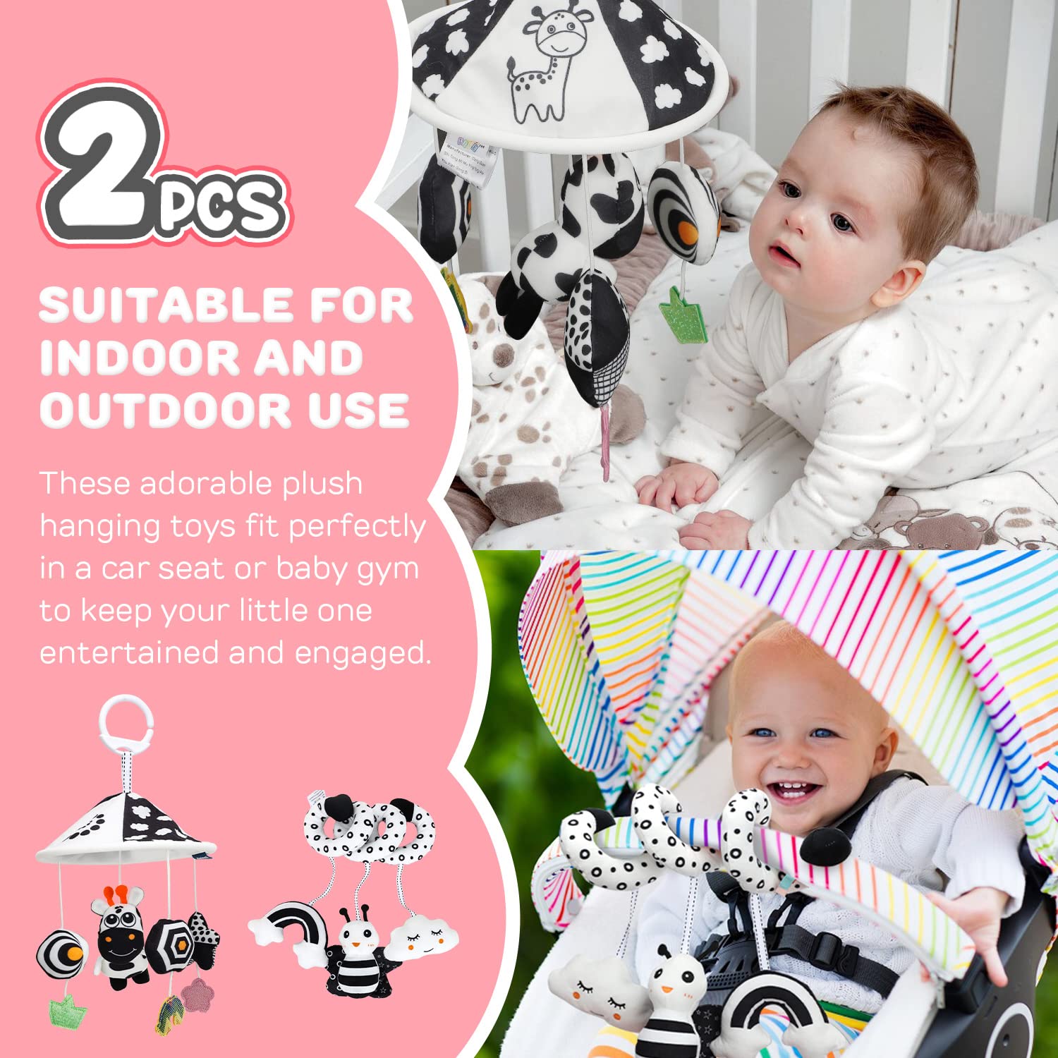 TOY Life 2 Pack Hanging Baby Toys 0-6 Months, Car Seat Spiral Toys for Babies 0-6 Months, Crib Toys Hanging Newborn Toys Black and White Hanging Stroller Activity Toy for Babies, Infant Carseat Toys